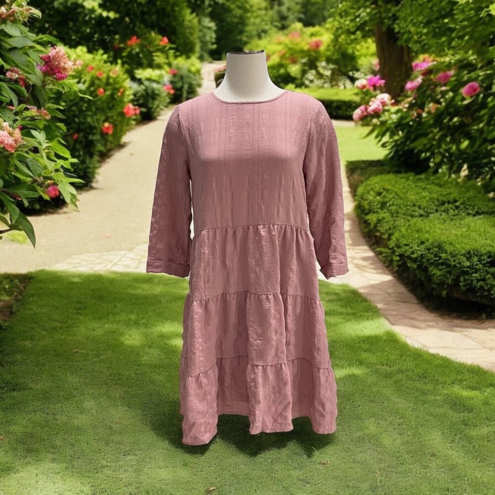 Blu‎ Pepper Dusty Pink Tiered Textured Dress Medium Boho Cottagecore Whimsical